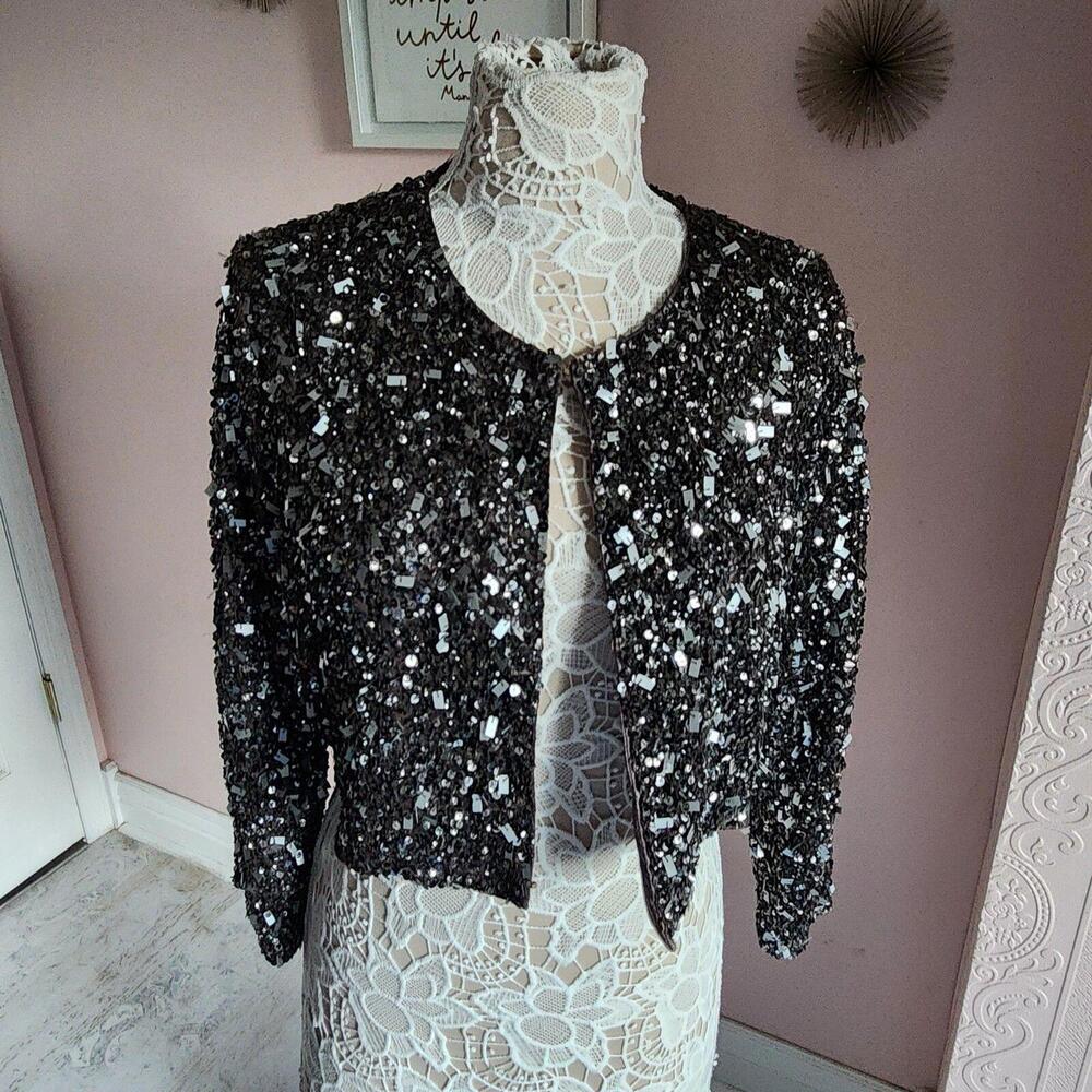 LKNW sequin Lafayette 148 jacket short eyelet closure unique taupe gray 16 JJ10 - Picture 6 of 9